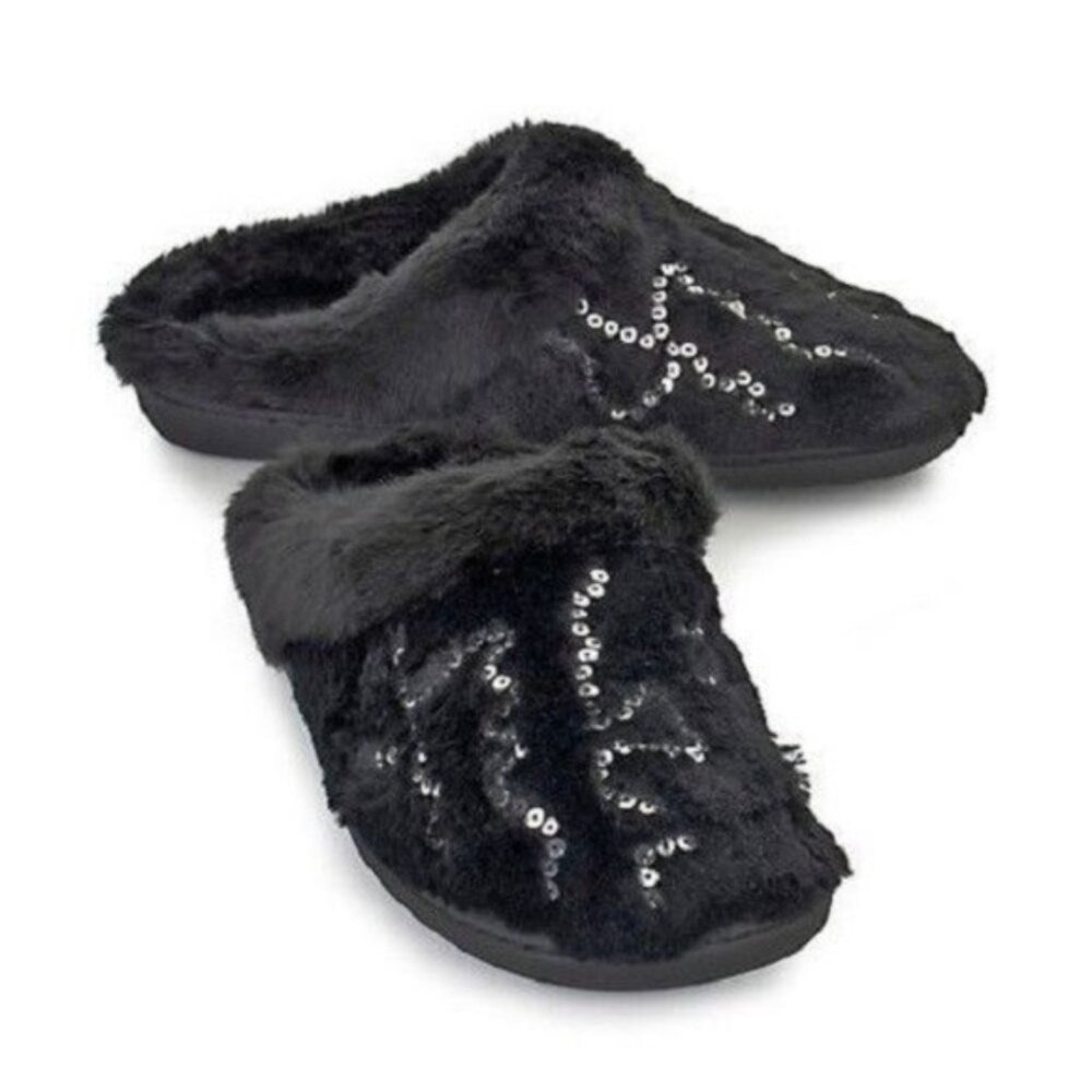 Joan Boyce FAUX FUR BLACK SLIPPERS with SILVER SEQUINS ( SMALL ) S: (5/6) NWT